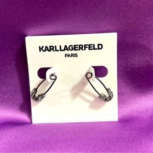 NWT Karl Lagerfeld safety pin earrings. Black pin with rhinestones at the head.